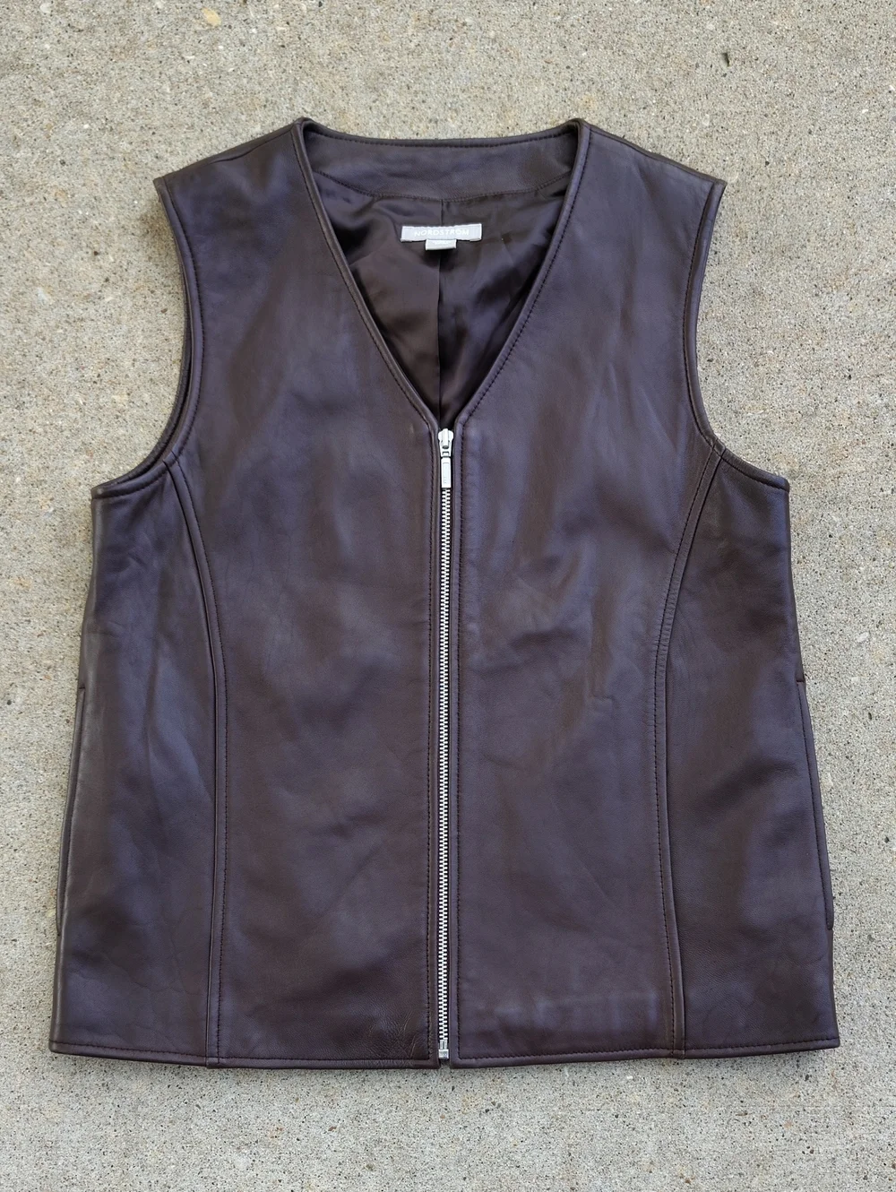 Nordstrom Lambskin Soft Leather Full Zip Vest Jacket Size XS Brown Grunge Biker